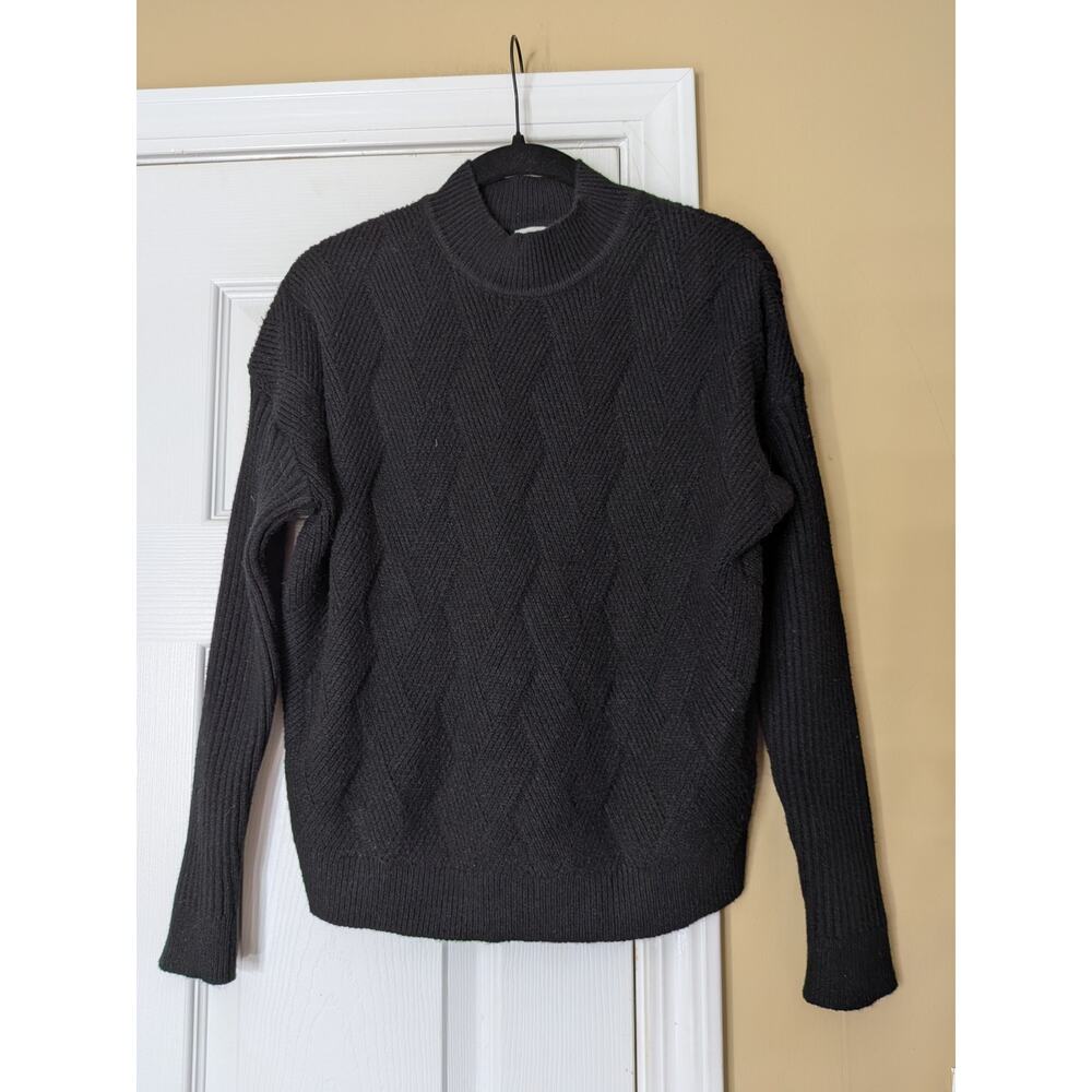 RAYA Diamond Knit Mock Neck Sweater XS Black Minimalist Quiet Luxury Preppy